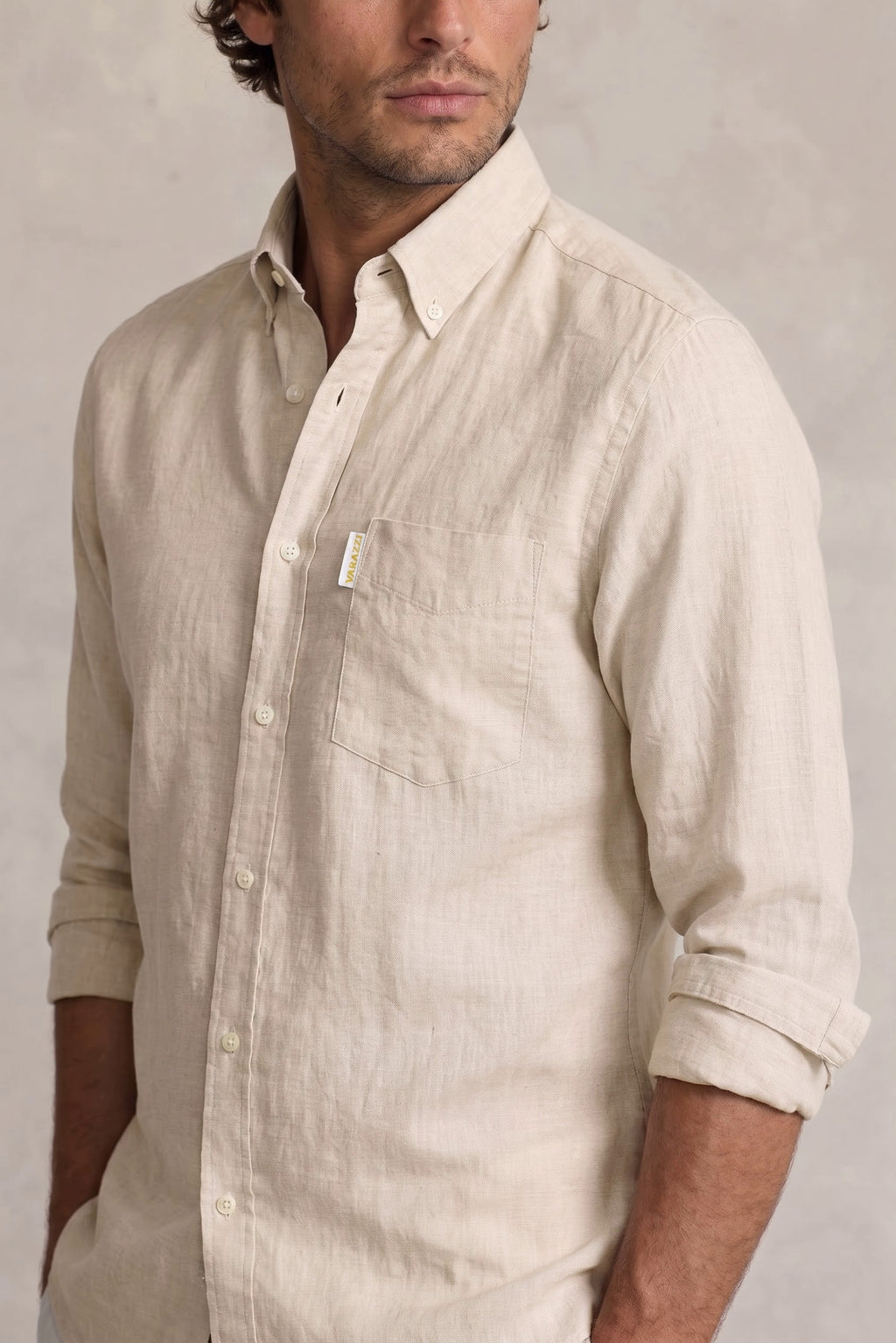 Coastal Sand Linen Shirt Closeup
